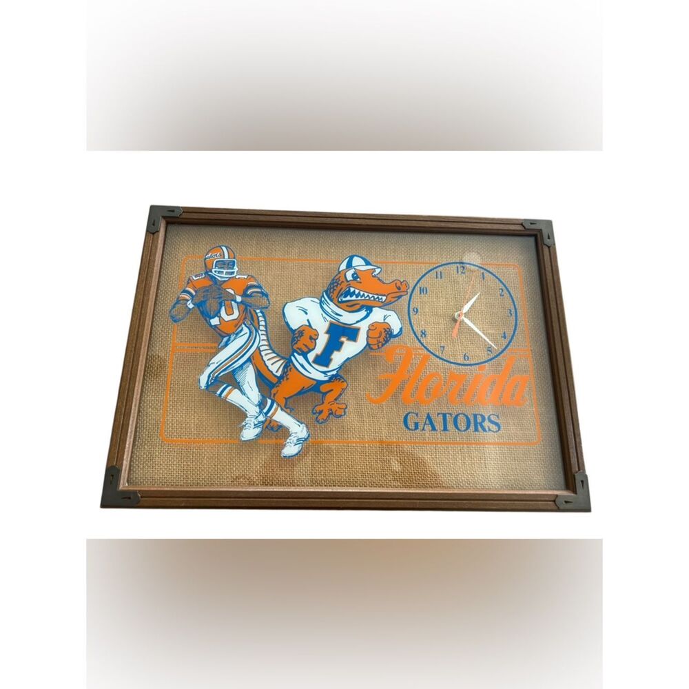 Vintage Florida Gators Wall Clock Framed Burlap Style NCAA UF Gator Man Cave